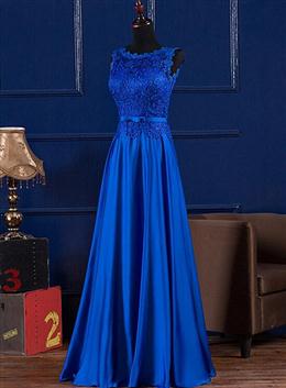 Picture of Elegant Blue Satin A-line Long Prom Dresses , Bridesmaid Dresses for Sale